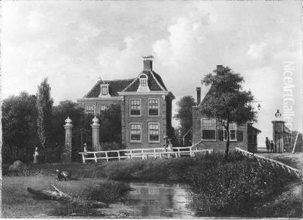 Huize 'Meer en Vaart', het Tolhuis en het tolhek aan de Haarlemmerweg tegenover Sloterdijk, van het oosten uit gezien Oil Painting by Everhardus Koster