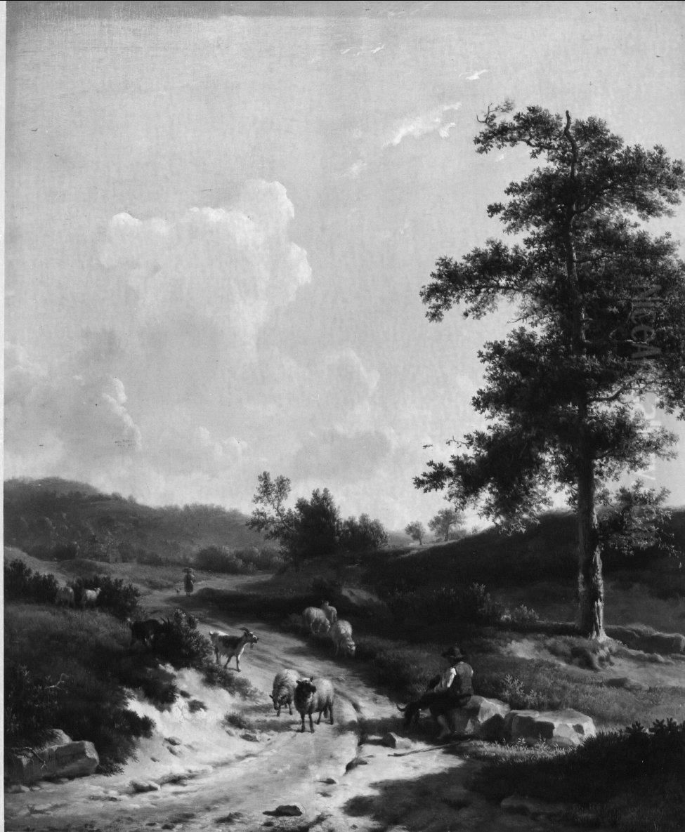 Een herder met schapen in een heuvelachtig landschap Oil Painting by Balthasar-Paul Ommeganck