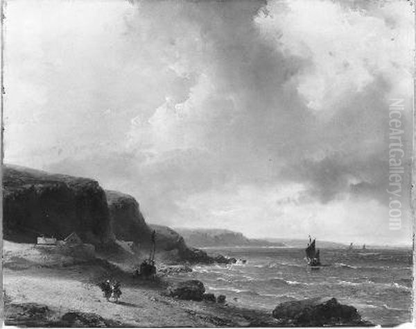 Gezicht op de Franse kust bij helder weer Oil Painting by Andreas Schelfhout