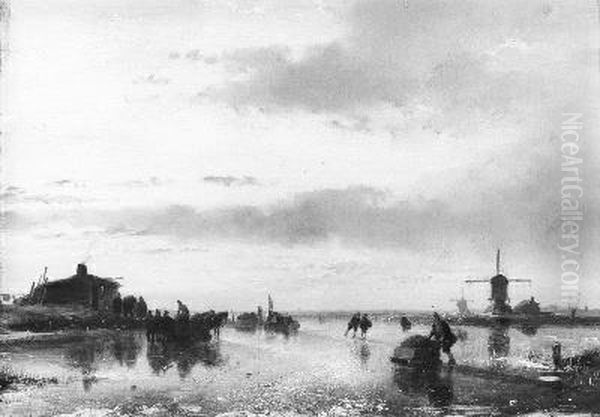 Gezicht op een bevroren plas bij ondergaande zon Oil Painting by Andreas Schelfhout