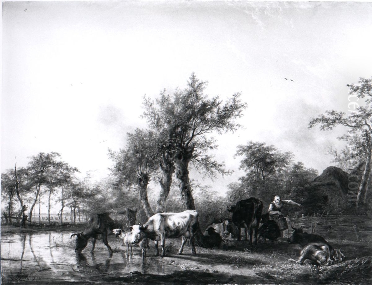 Een Hollands landschap, links rundvee bij een water, rechts een boerin, bezig met melken Oil Painting by Jan Kobell II