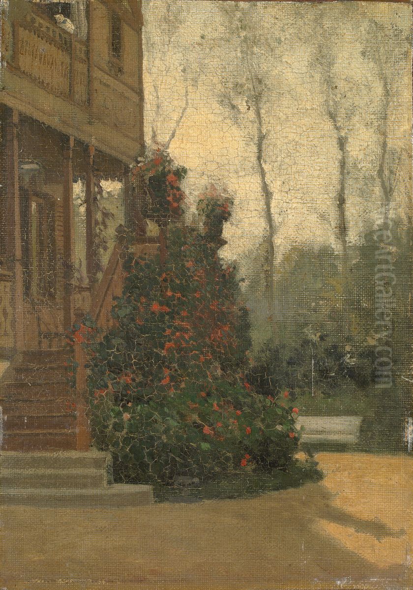 View of the back of a house with a garden Oil Painting by Willy Martens