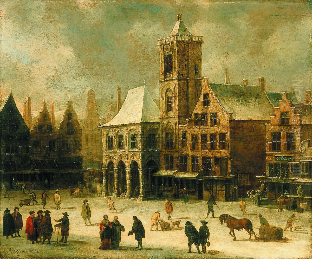 De Dam met het oude stadhuis-Gezicht op de Dam met het oude stadhuis bij winter-The Old Town Hall on Dam Square Oil Painting by Jan Abrahamsz Beerstraaten