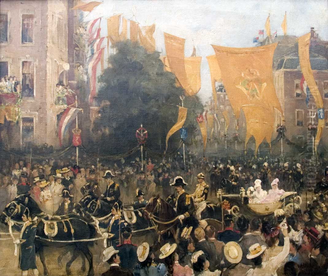 Intocht Koningin Wilhelmina in Amsterdam anno 1898 Oil Painting by Hobbe Smith