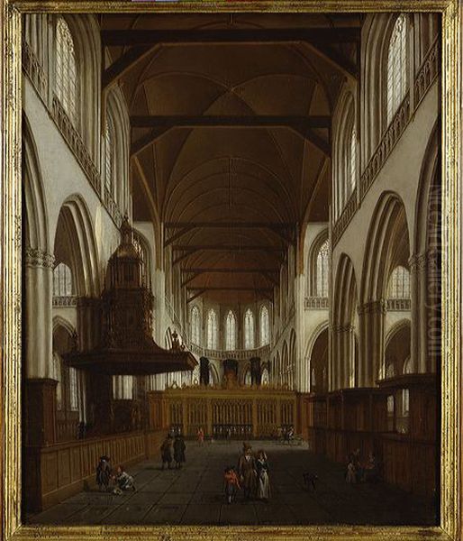 Het interieur van de Nieuwe Kerk vanuit het schip met de preekstoel naar het koor gezien-Het interieur van de Nieuwe Kerk naar het oosten-The interior of the Nieuwe Kerk looking east Oil Painting by Isaak van Nickelen