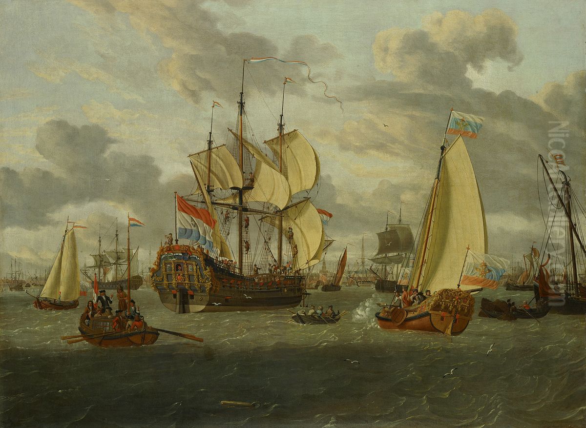 Czaar Peter de Grote aan boord van zijn jacht op weg naar de Pieter en Paul-Het fregat Pieter en Paul op het IJ-The Peter and Paul frigate on the IJ Oil Painting by Abraham Storck