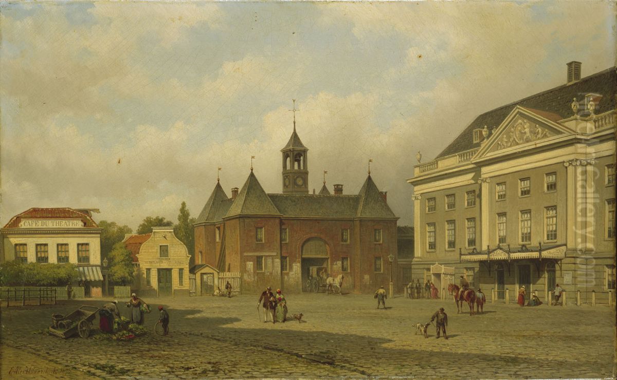 De Leidsepoort en de Stadsschouwburg Oil Painting by Eduard Alexander Hilverdink