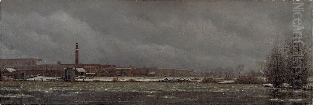 Gezicht op het Olympisch stadion vanaf het Jaagpad aan de overzijde van de Schinkel bij winter Oil Painting by August Grotegoed