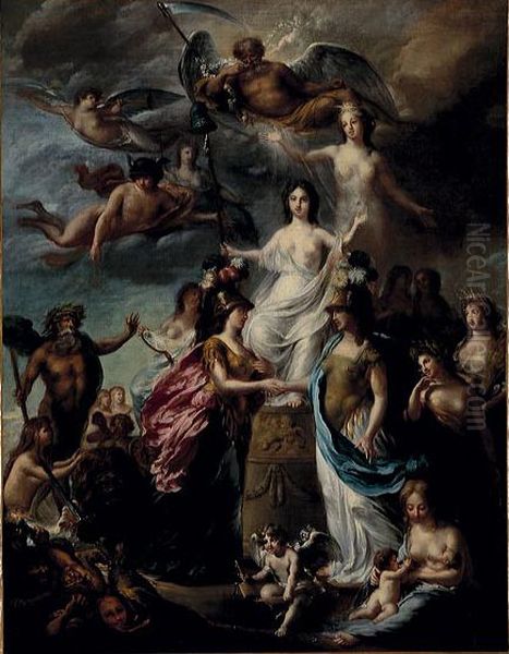 Allegorie op de alliantie tussen de Bataafse Republiek en Frankrijk (mei 1795)-Allegory of the alliance between the Batavian Republic and France, May 1795 Oil Painting by Jurriaen Andriessen