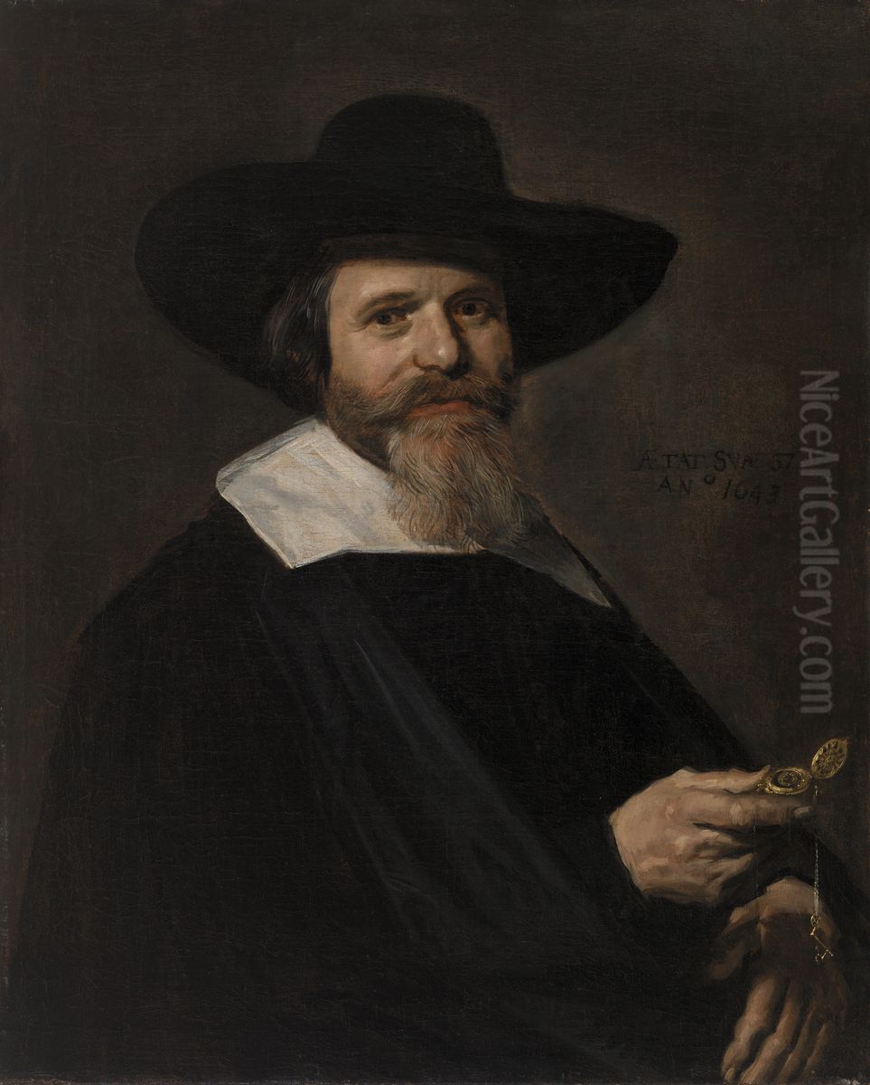 Portrait of a Man Holding a Watch Oil Painting by Frans Hals