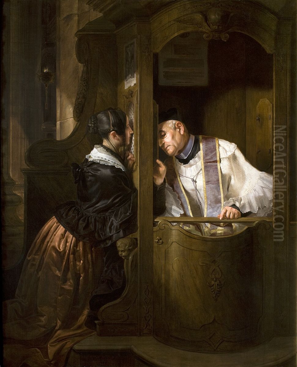 The Confession Oil Painting by Giuseppe Molteni