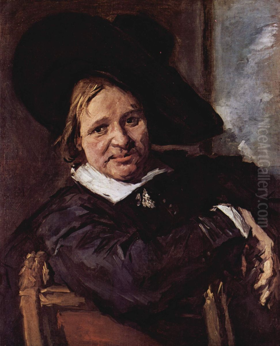 Portrat eines sitzenden Mannes mit schragem Hut, den rechten Arm auf der Stuhllehne Oil Painting by Frans Hals