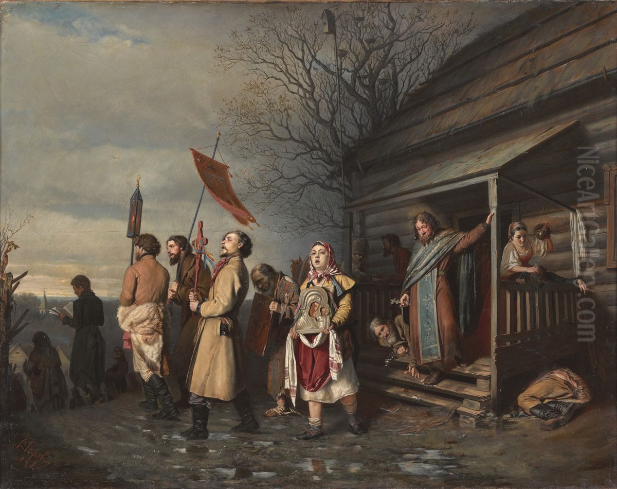 An Easter procession in a Russian village Oil Painting by Vasily Perov