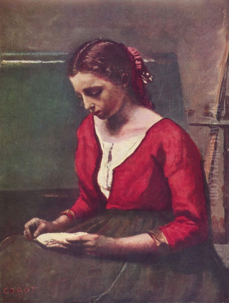A Girl Reading Oil Painting by Jean-Baptiste Camille Corot