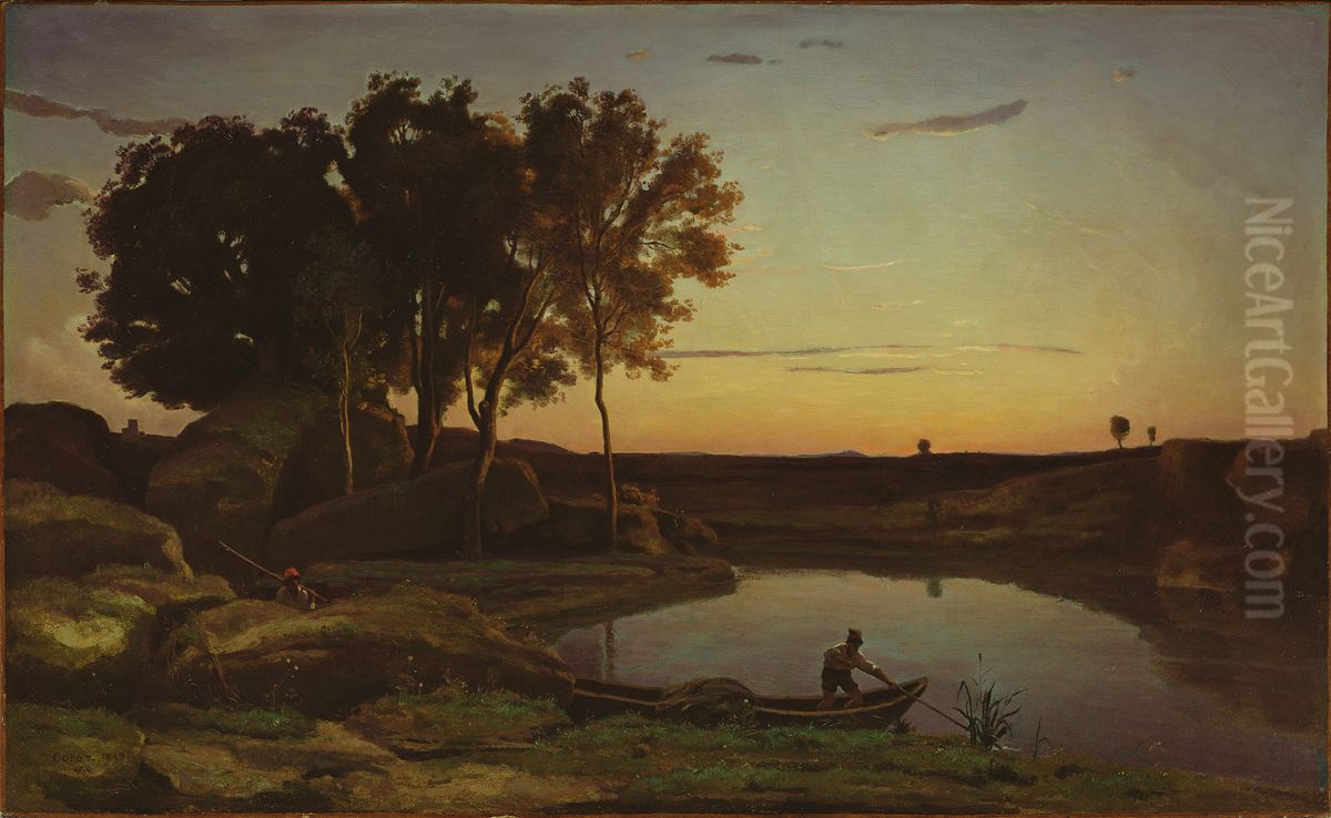 Paysage avec lac et passeur Oil Painting by Jean-Baptiste Camille Corot
