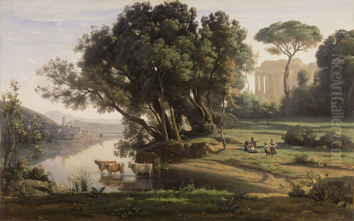 Italian Landscape (Site d'Italie, Soleil Levant) Oil Painting by Jean-Baptiste Camille Corot