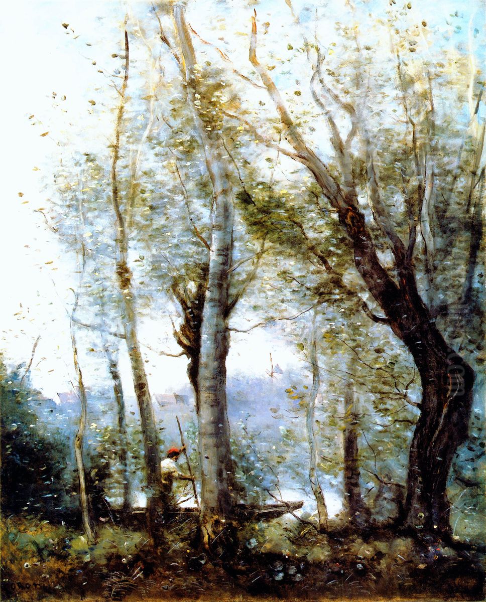 Boatman from Behind the Trees On the Shore Oil Painting by Jean-Baptiste Camille Corot