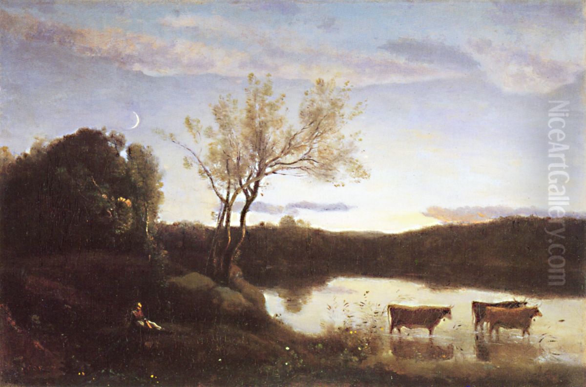 The Pond, Three cows and a Crescent Moon Oil Painting by Jean-Baptiste Camille Corot