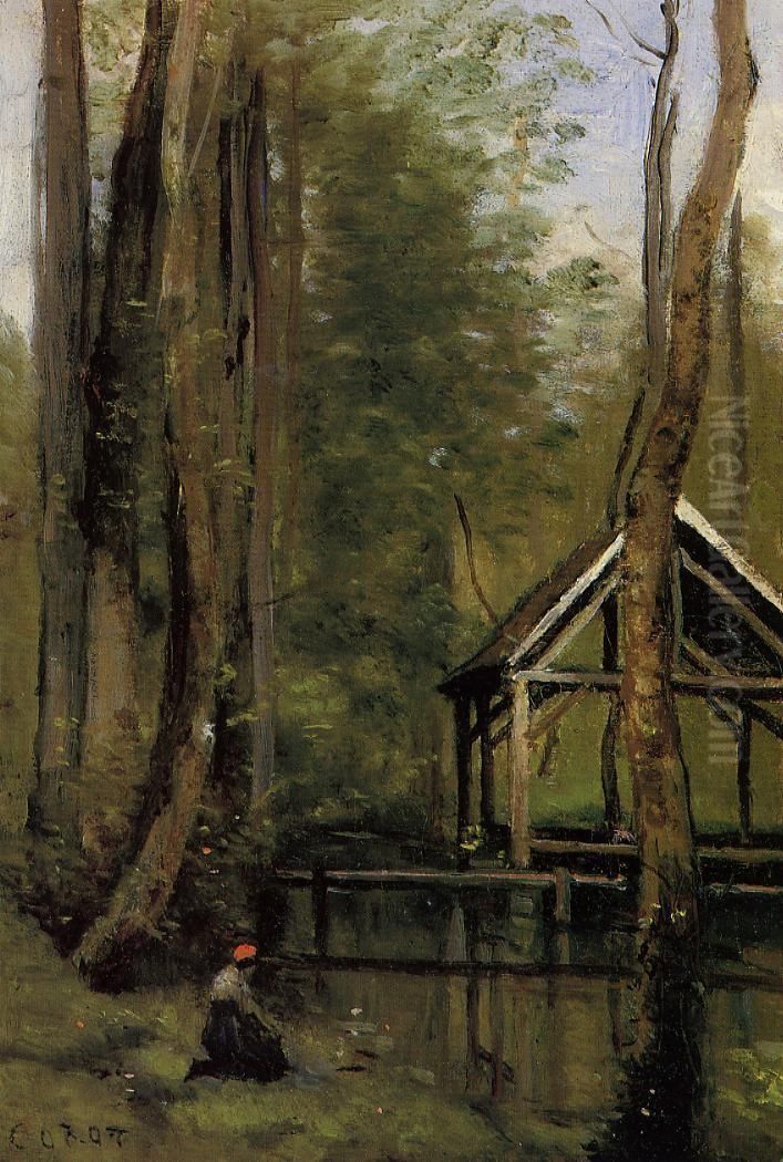 Hangar de peche a Mothois pres de Gournay-en-Brais Oil Painting by Jean-Baptiste Camille Corot