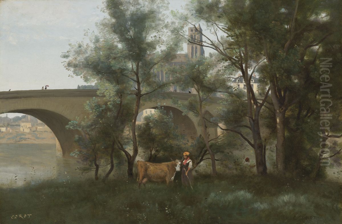 Mantes, the banks of the Seine at the foot of the bridge Oil Painting by Jean-Baptiste Camille Corot