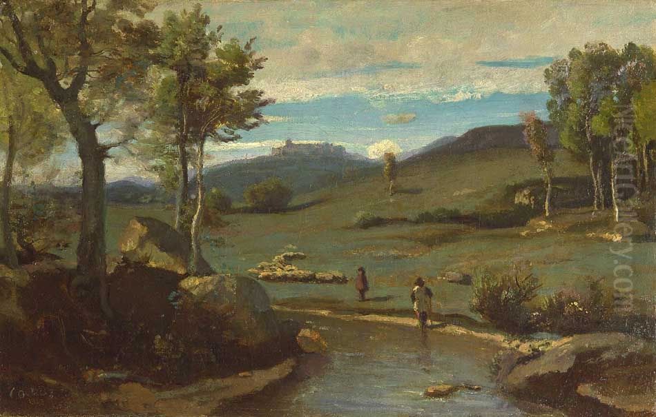 Campagne Romaine - Vallee rocheuse avec un troupeau Oil Painting by Jean-Baptiste Camille Corot