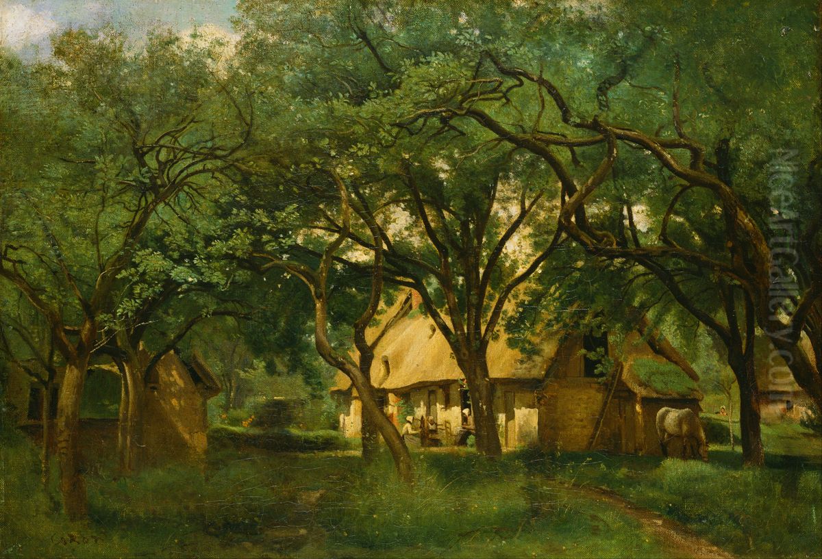 The Toutain Farm at Honfleur Oil Painting by Jean-Baptiste Camille Corot