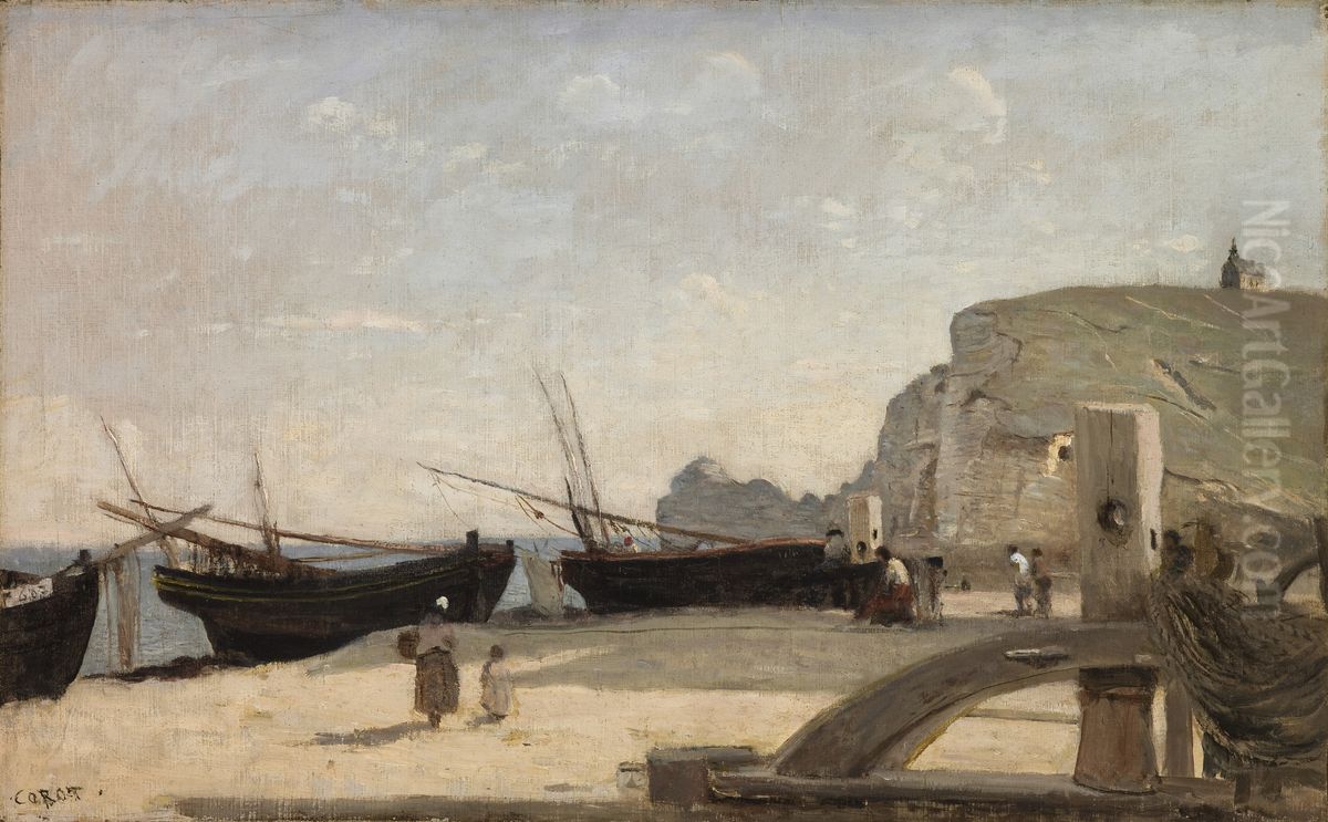 La Plage, Etretat Oil Painting by Jean-Baptiste Camille Corot