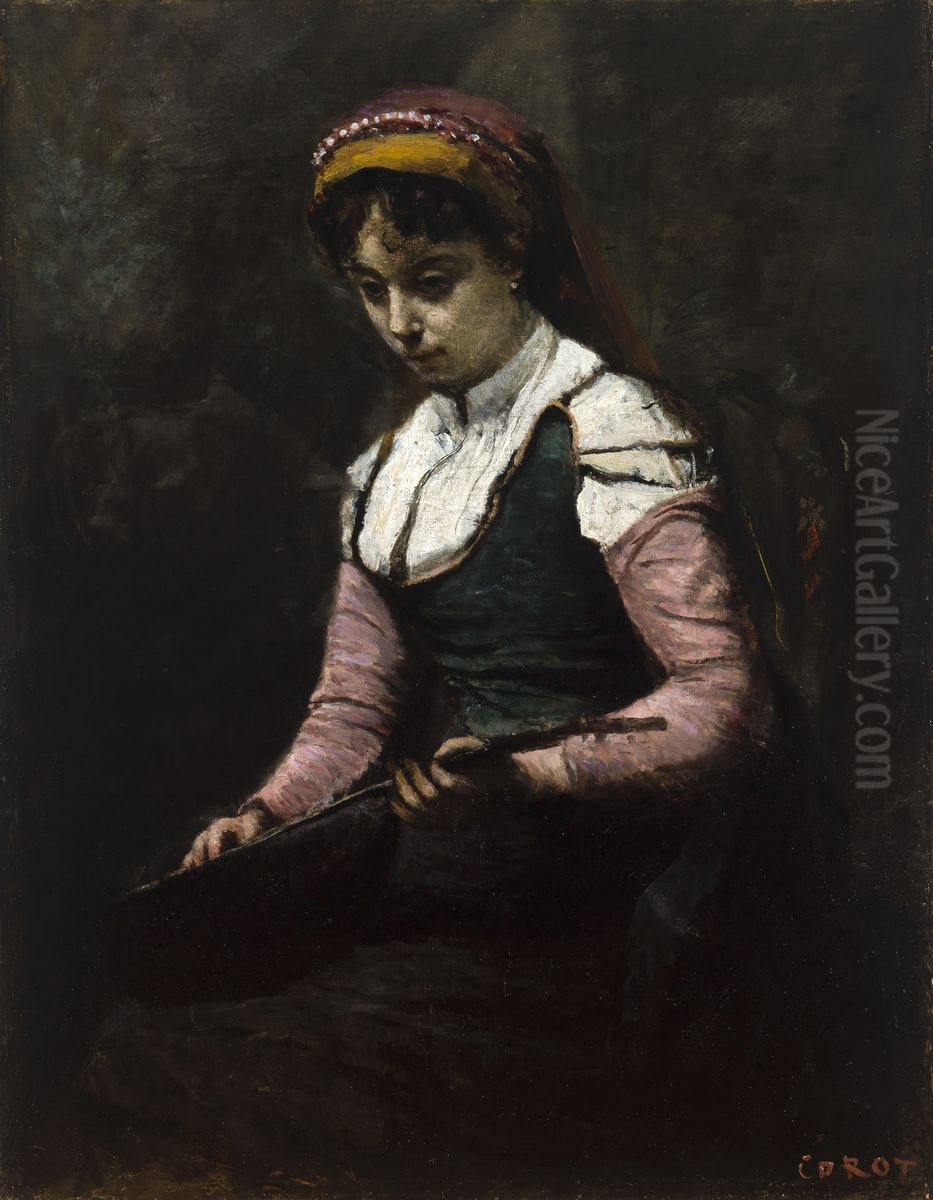 Girl with Mandolin' Oil Painting by Jean-Baptiste Camille Corot