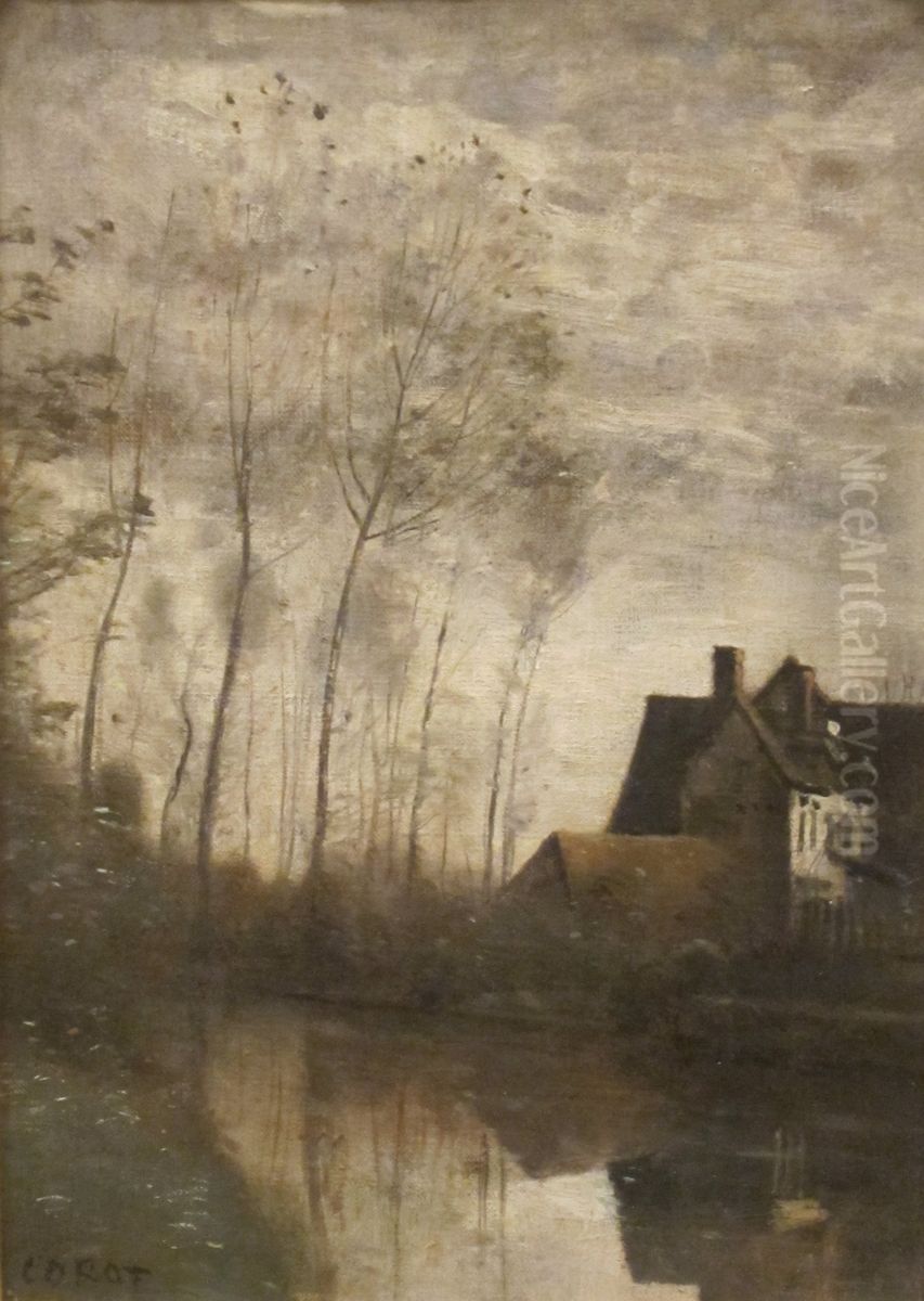Scene de riviere avec maisons et peupliers Oil Painting by Jean-Baptiste Camille Corot