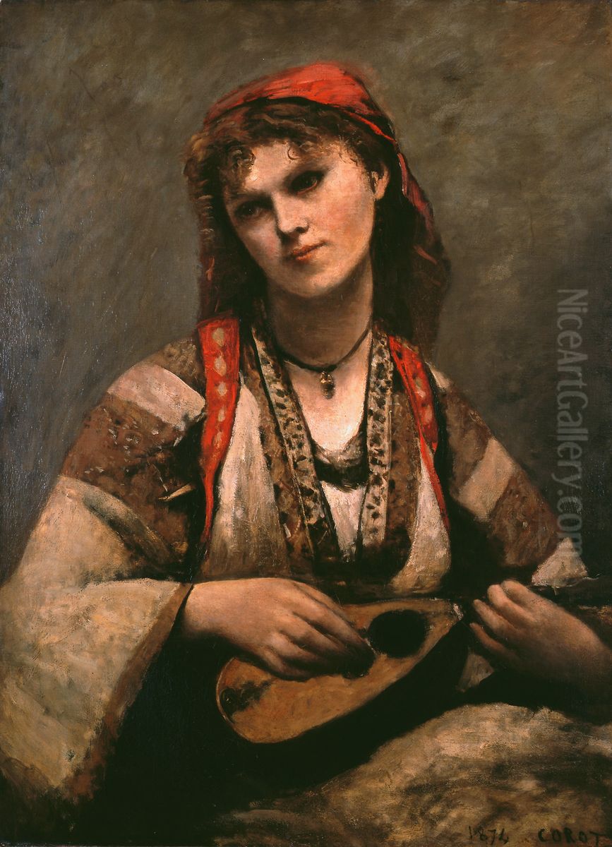 Gypsy Girl with Mandolin Oil Painting by Jean-Baptiste Camille Corot
