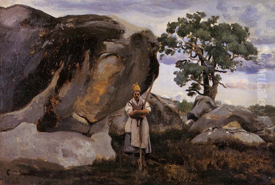 Paysanne en foret de Fontainebleau Oil Painting by Jean-Baptiste Camille Corot