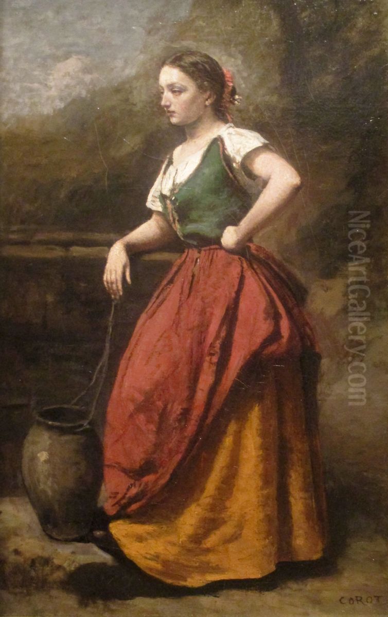 Young Woman at the Fountain Oil Painting by Jean-Baptiste Camille Corot
