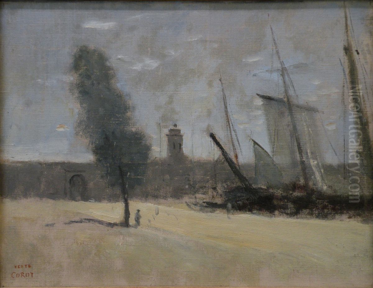 Dunkerque, remparts et porte d'entree du port Oil Painting by Jean-Baptiste Camille Corot