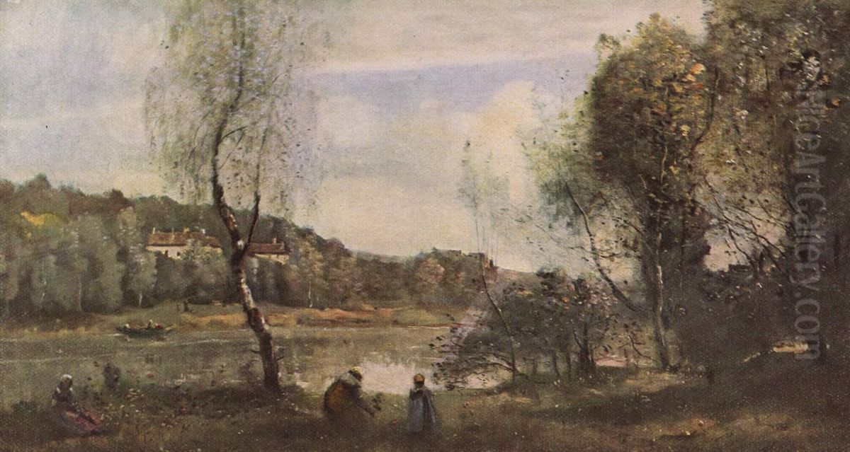Ville d'Avray, l'etang au bouleau devant les villas Oil Painting by Jean-Baptiste Camille Corot