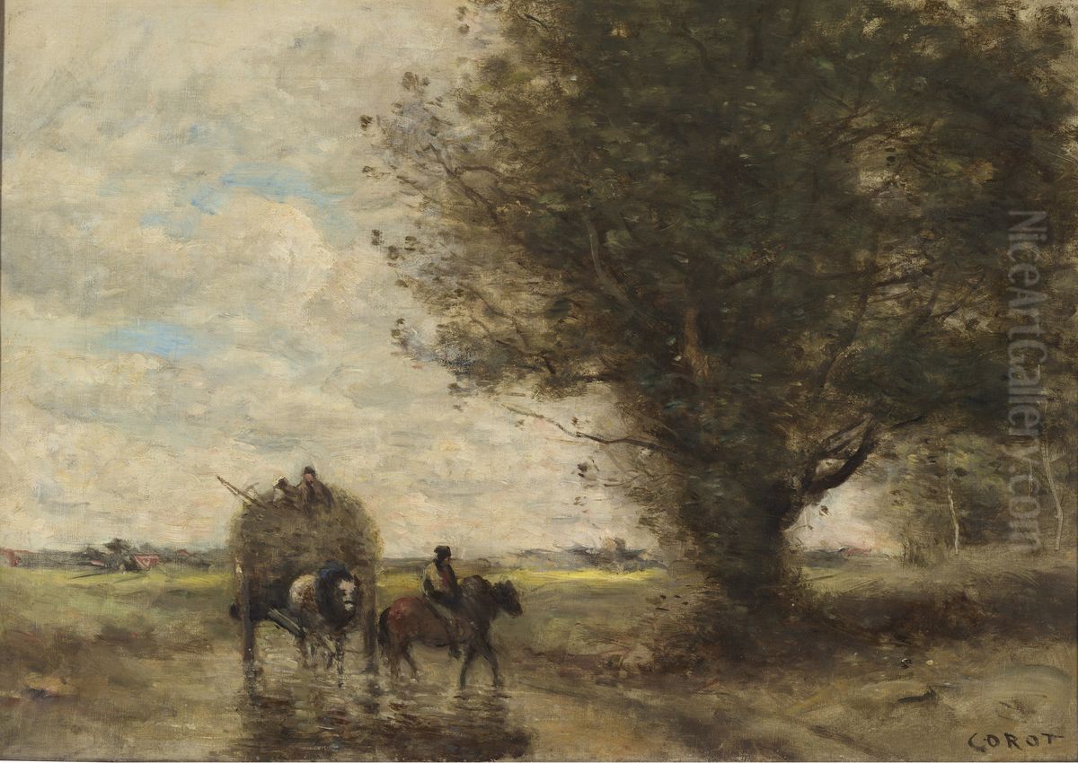 Hay wagon (the wagon moves a ford next a large tree) Oil Painting by Jean-Baptiste Camille Corot