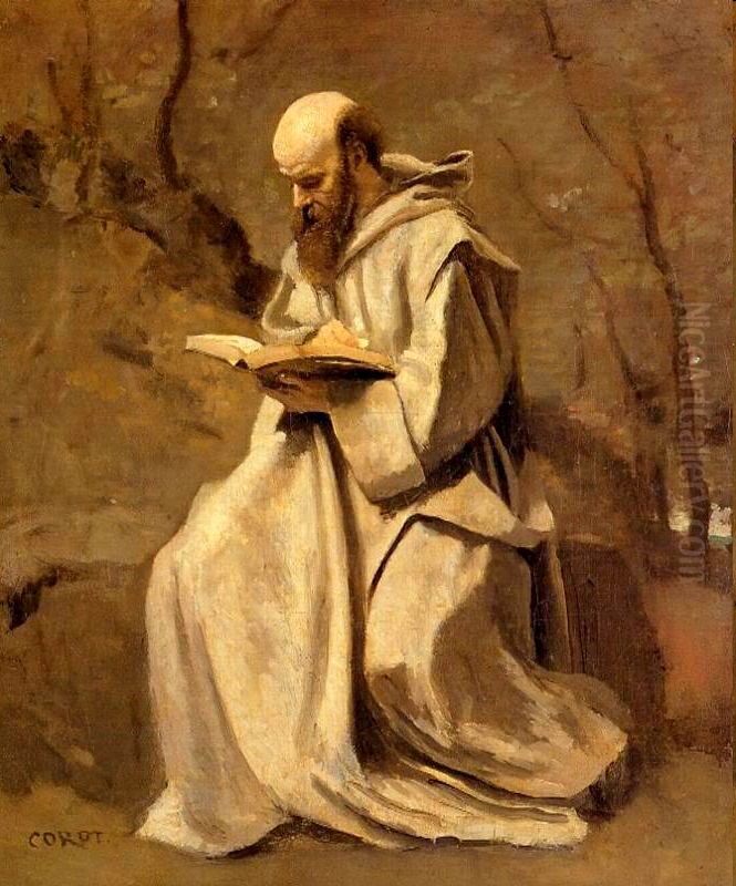 Moine blanc, assis, lisant Oil Painting by Jean-Baptiste Camille Corot