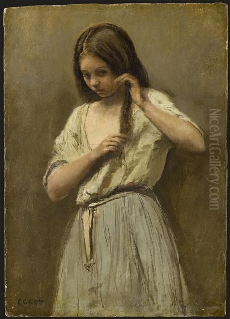 Girl at her toilet Oil Painting by Jean-Baptiste Camille Corot