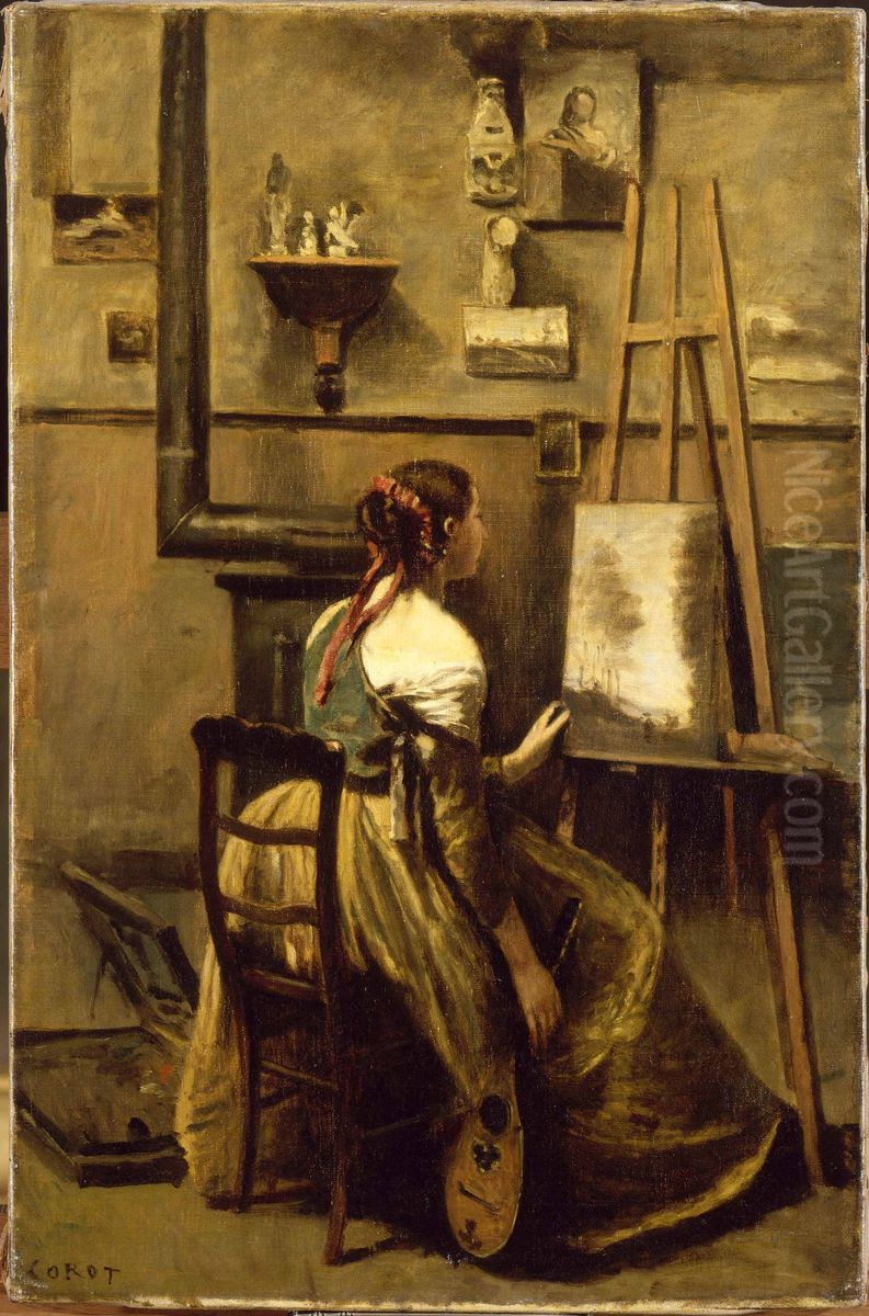 L'Atelier de l'artiste : Jeune femme assise devant un chevalet Oil Painting by Jean-Baptiste Camille Corot