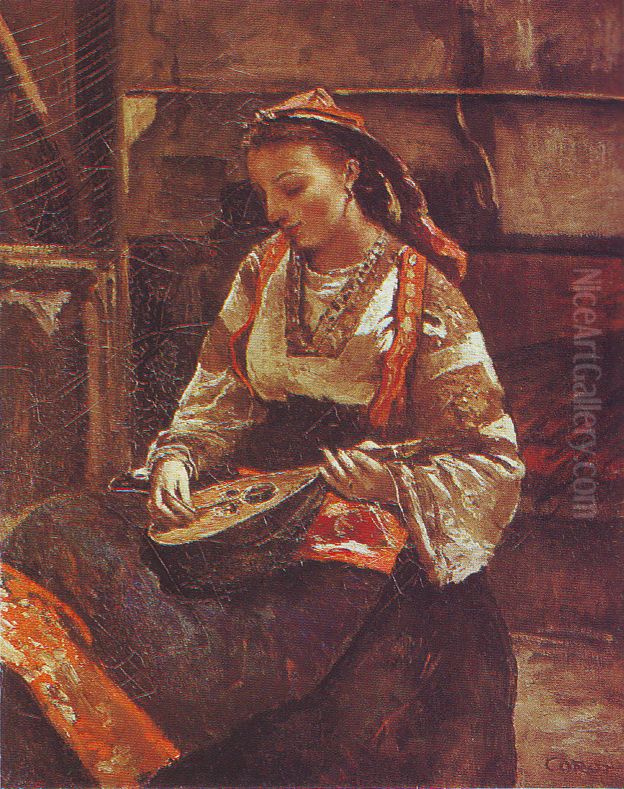 Italian Woman Seated Playing Mandolin Oil Painting by Jean-Baptiste Camille Corot