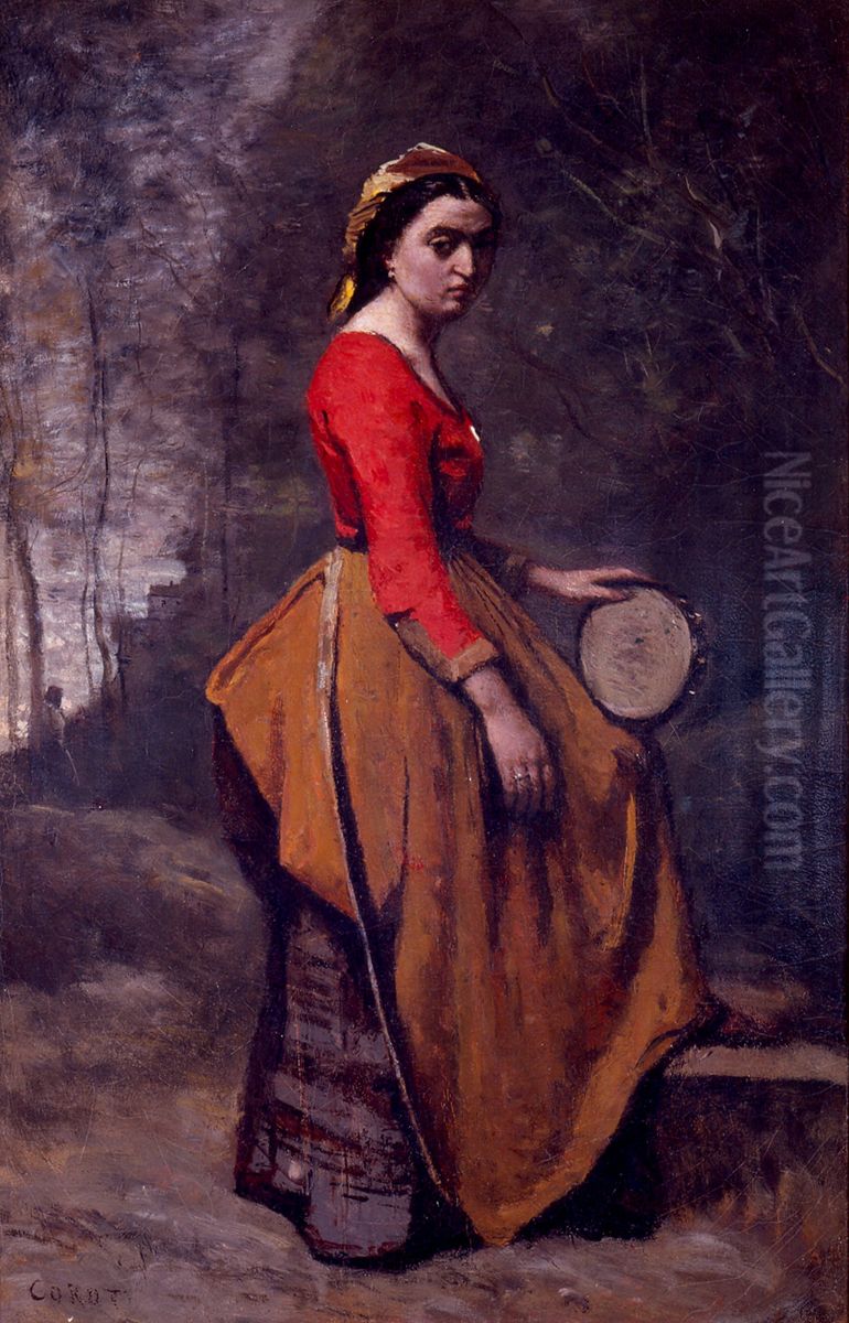 Gypsy woman with tambourine Oil Painting by Jean-Baptiste Camille Corot