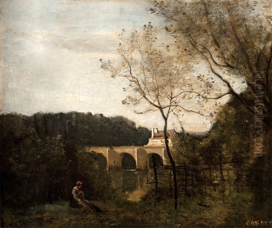 The old bridge in Mantes Oil Painting by Jean-Baptiste Camille Corot