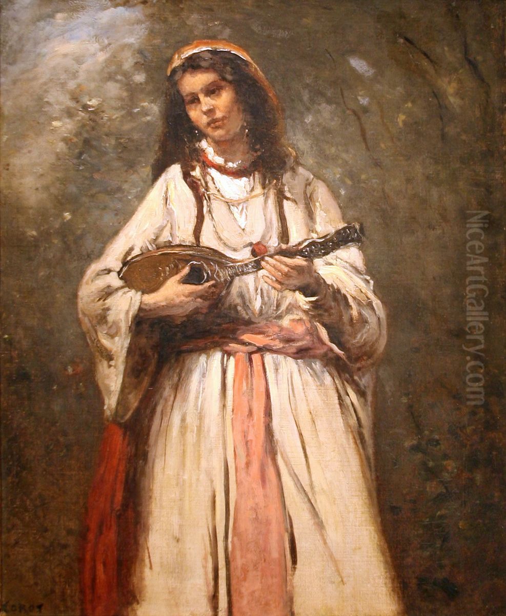 Jeune bohemienne a la mandoline Oil Painting by Jean-Baptiste Camille Corot