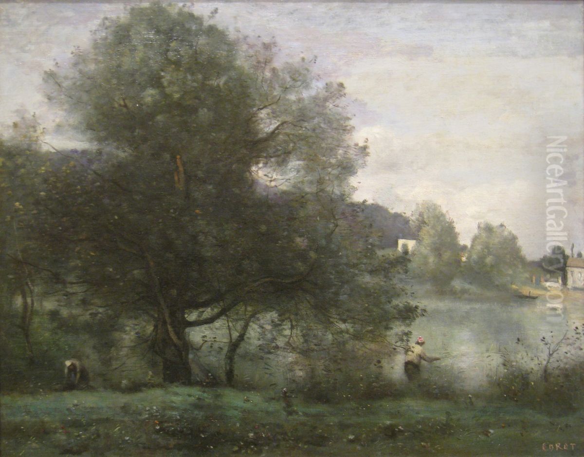 An Idyllic Spot at Ville-d'Avray-A Fisherman on the Banks of the Pond Oil Painting by Jean-Baptiste Camille Corot