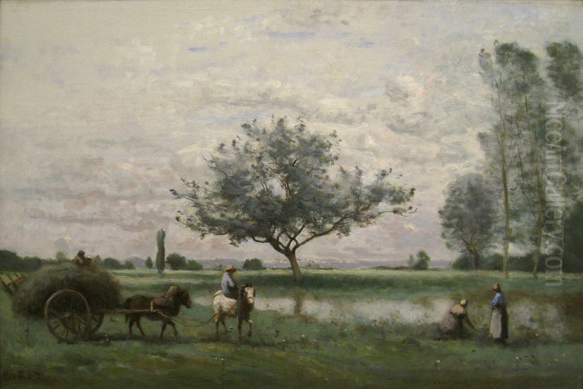 Hay Cart along a River Oil Painting by Jean-Baptiste Camille Corot