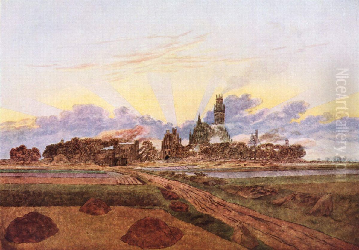 Neubrandenburg in Flames Oil Painting by Caspar David Friedrich