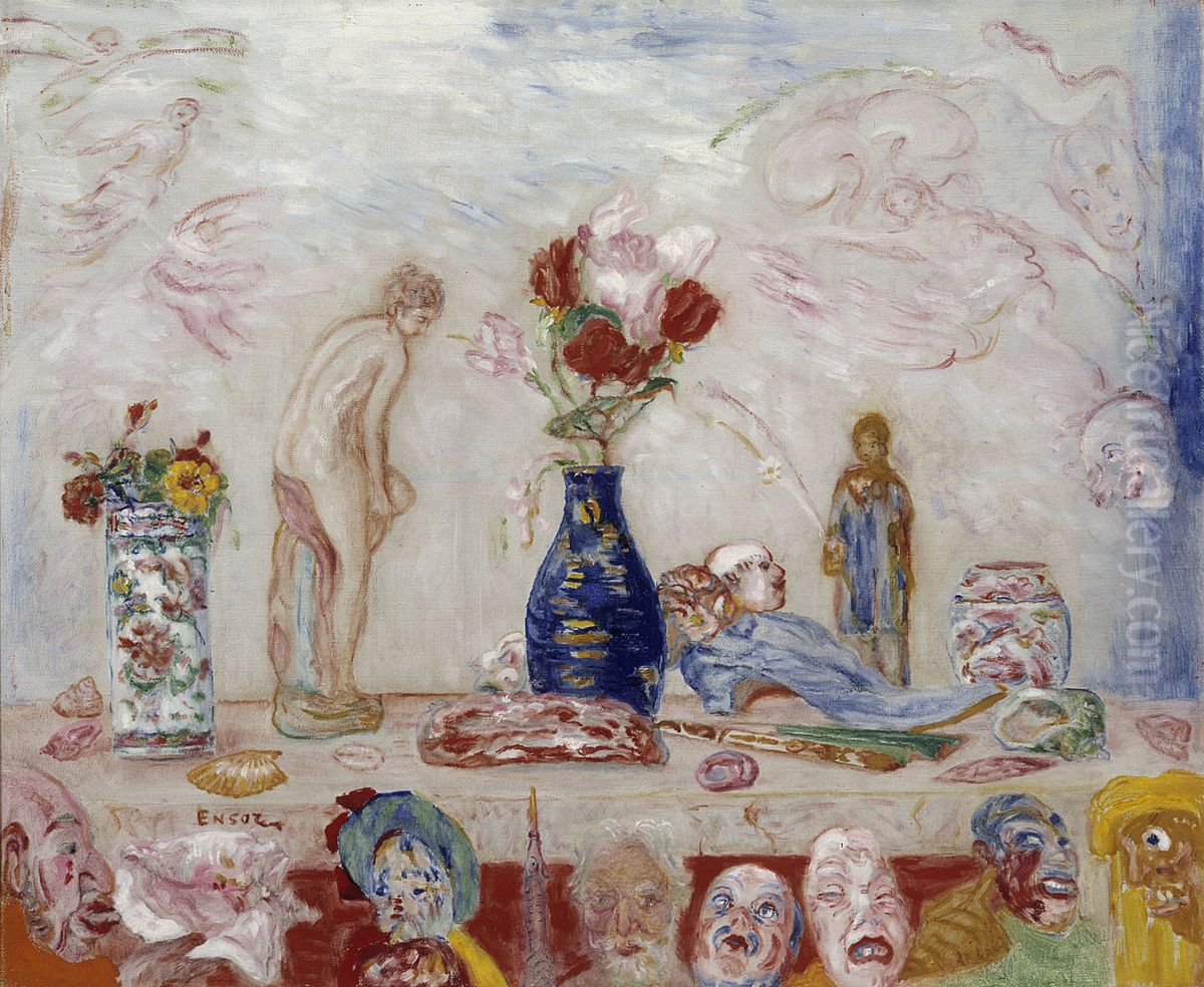 Under the Shadow of Masks Oil Painting by James Ensor