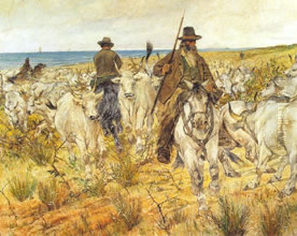 Cowboys of the Maremma Driving the Herds Oil Painting by Giovanni Fattori