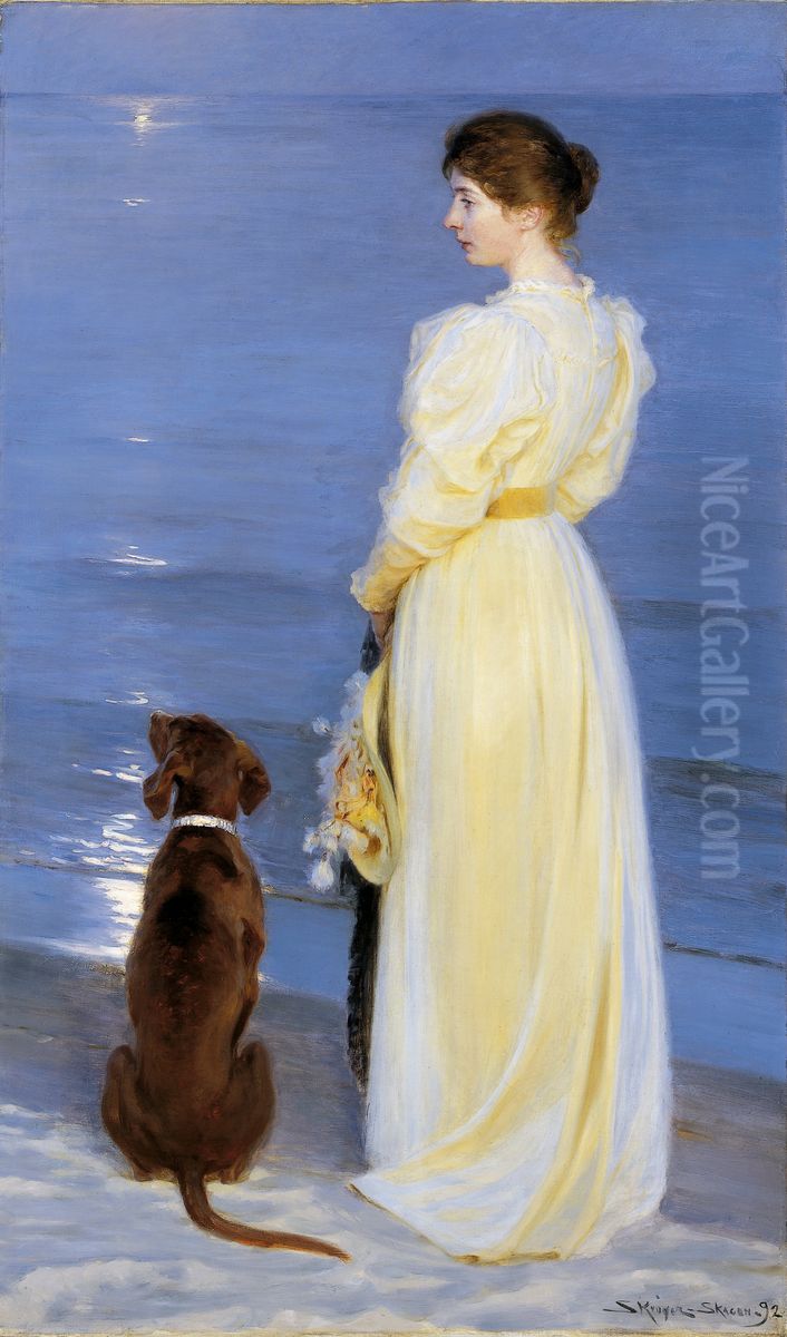 Sommeraften ved Skagen. Kunstnerens hustru med hund ved strandkanten) Oil Painting by Peder Severin Kroyer