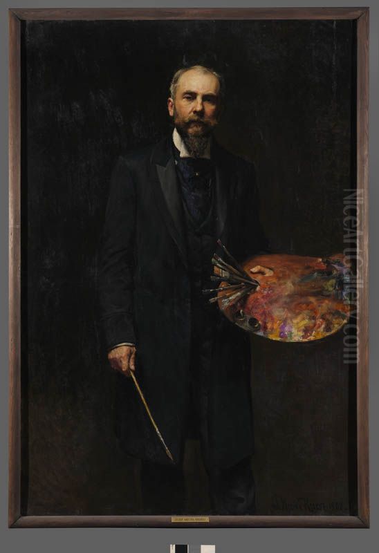 Self-portrait with palette Oil Painting by Jozef Mecina-Krzesz