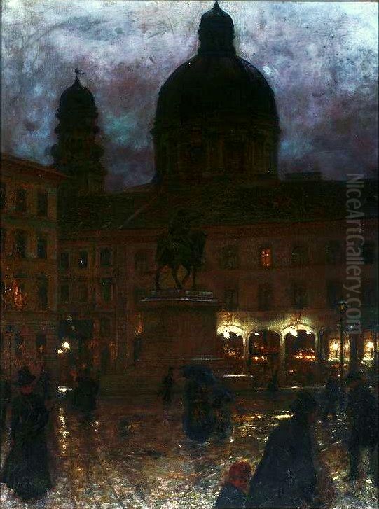 Wittelsbacherplatz in Munchen bei Nacht Oil Painting by Aleksander Gierymski